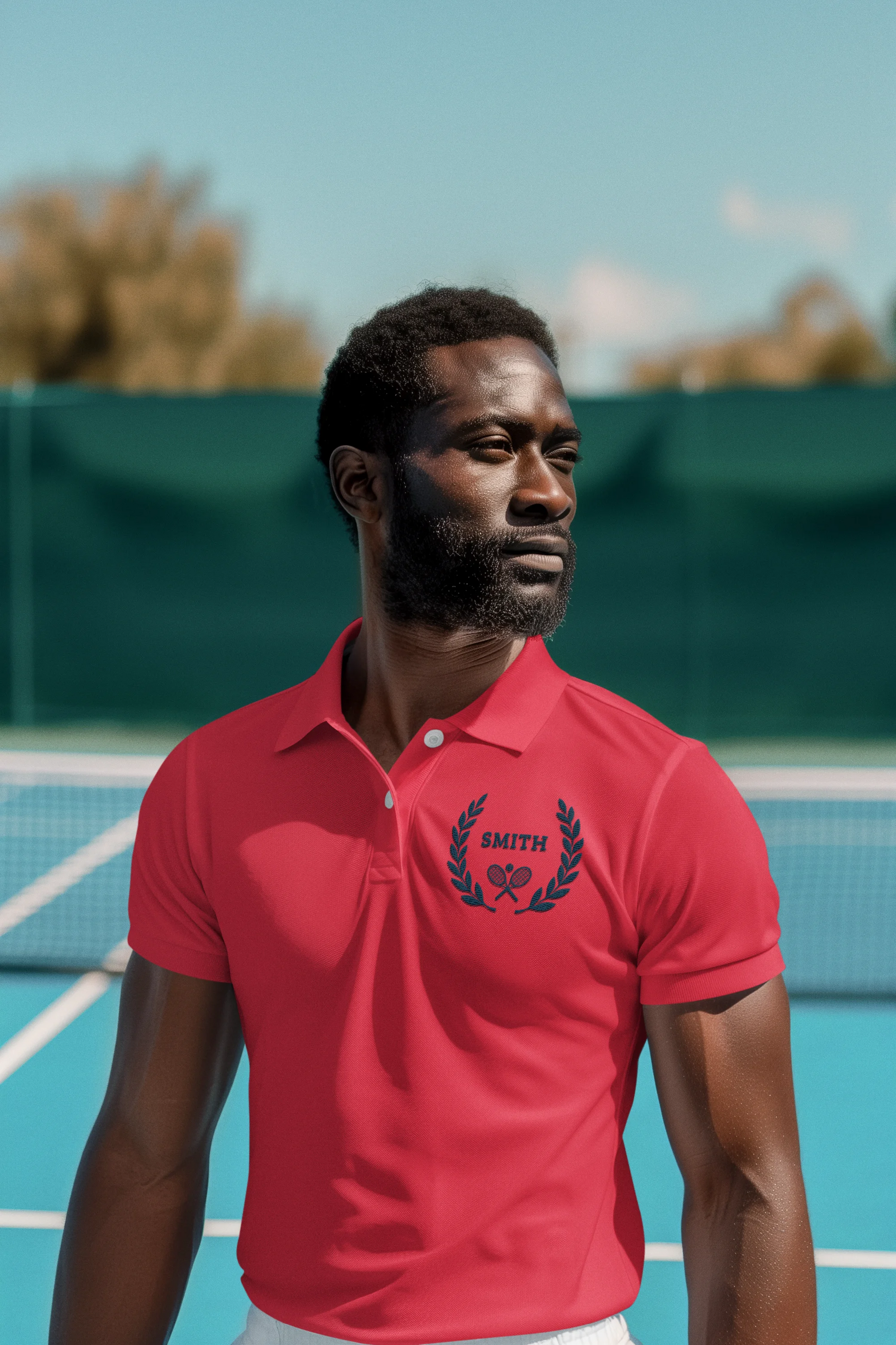 Custom tennis shirt Man wearing a red polo shirt with a logo on a tennis court