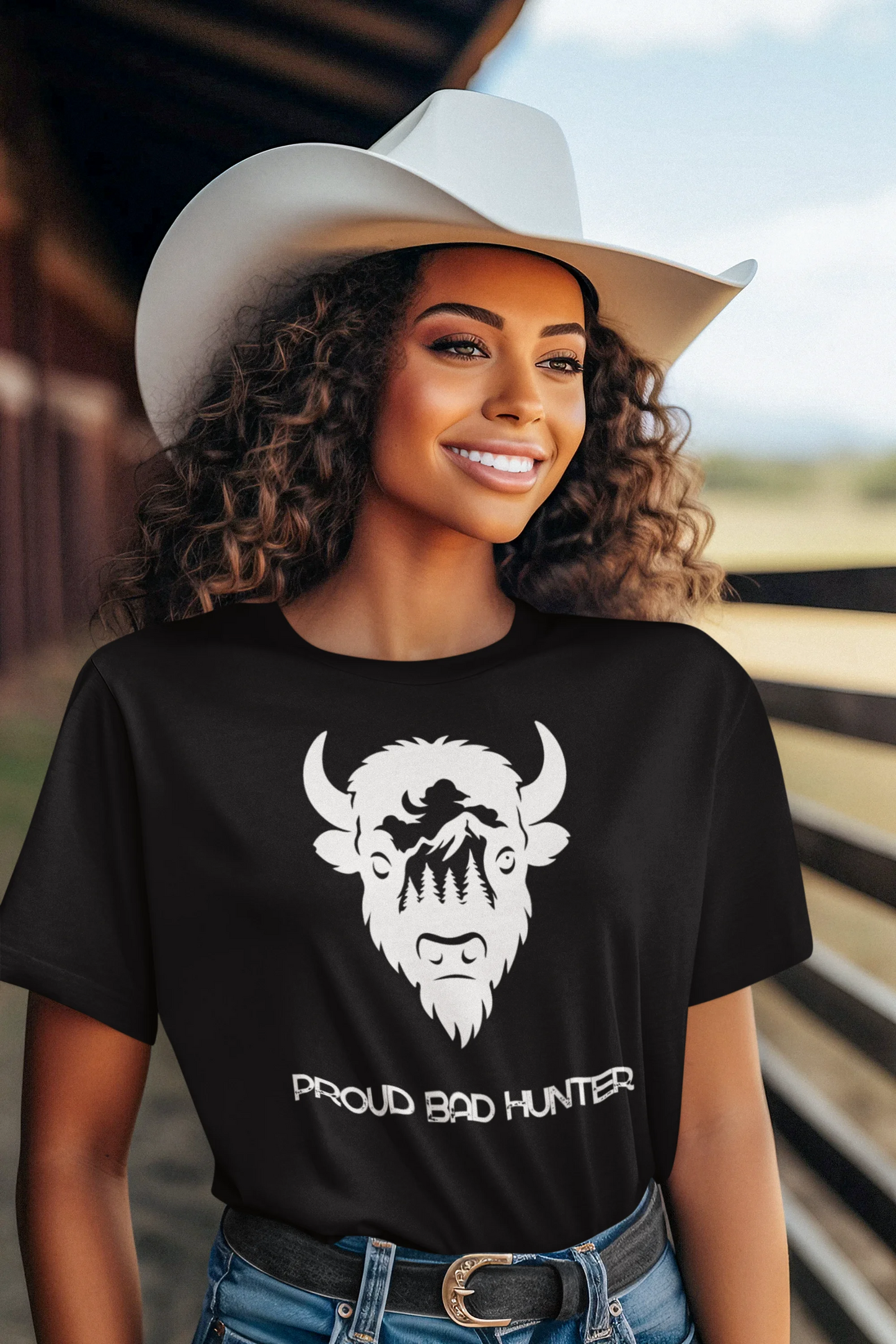 Woman wearing a black t-shirt with a white graphic and text, standing in a barn-like setting.