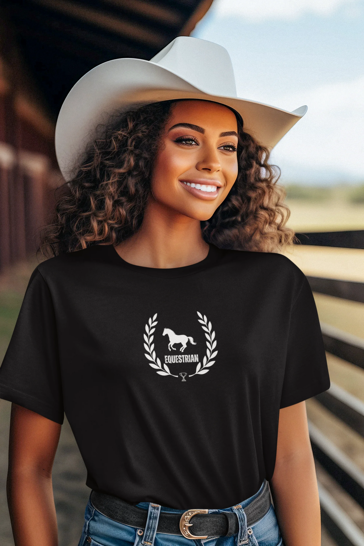 Woman wearing a black t-shirt with a horse logo in a barn setting