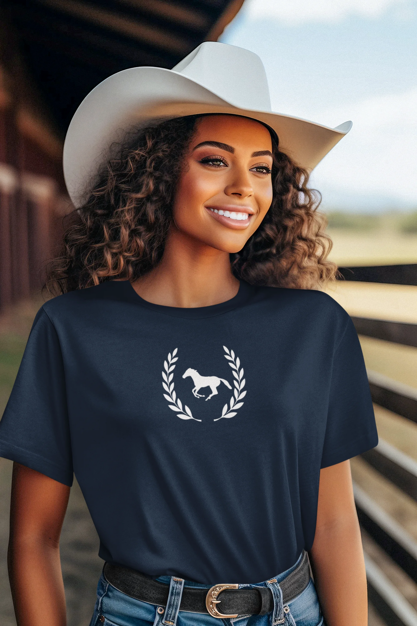 Woman wearing a navy blue t-shirt with a horse logo, standing in front of a barn.