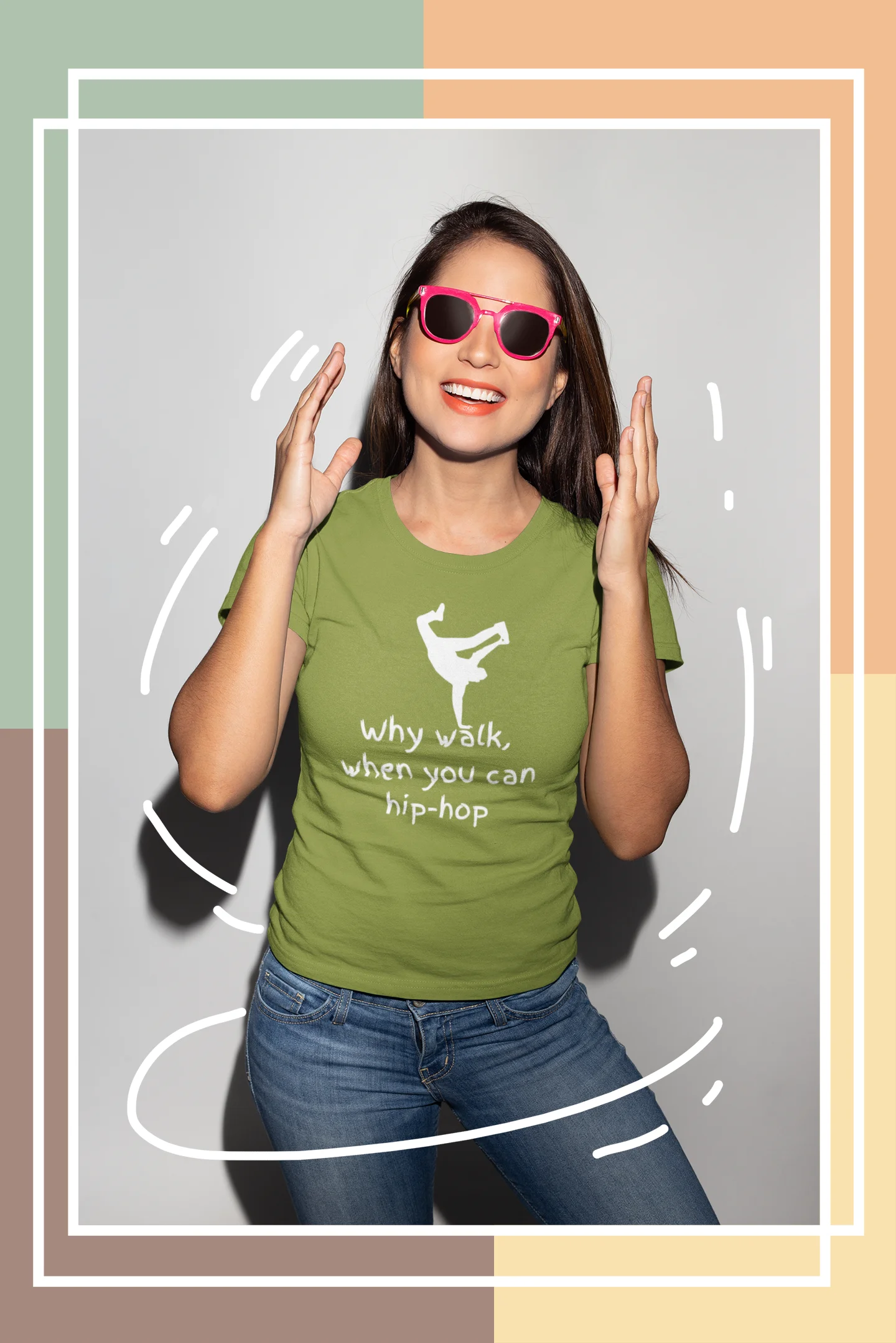 Woman wearing a green t-shirt with text and blue jeans, posing against a plain background.