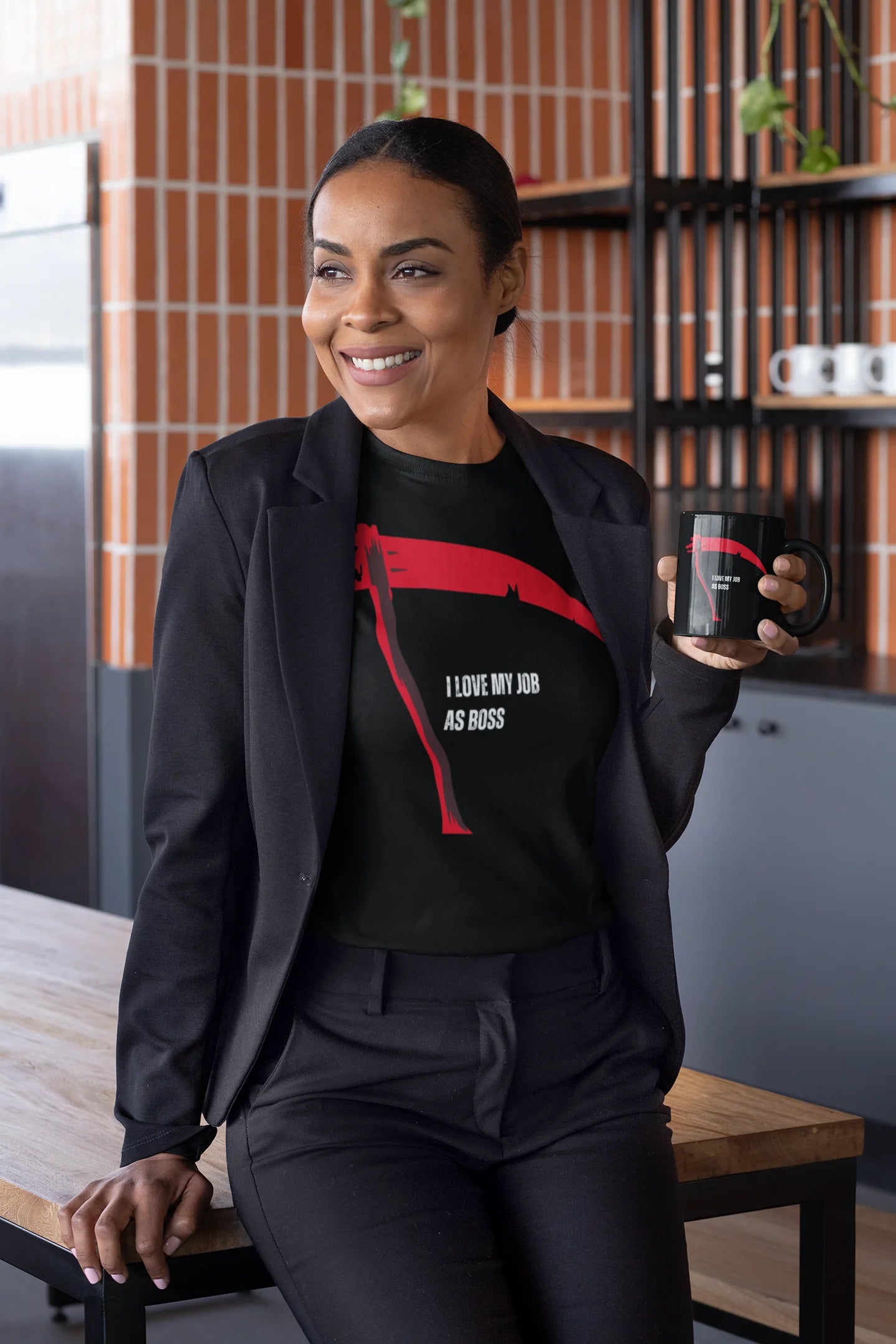 Woman holding a mug in a kitchen setting