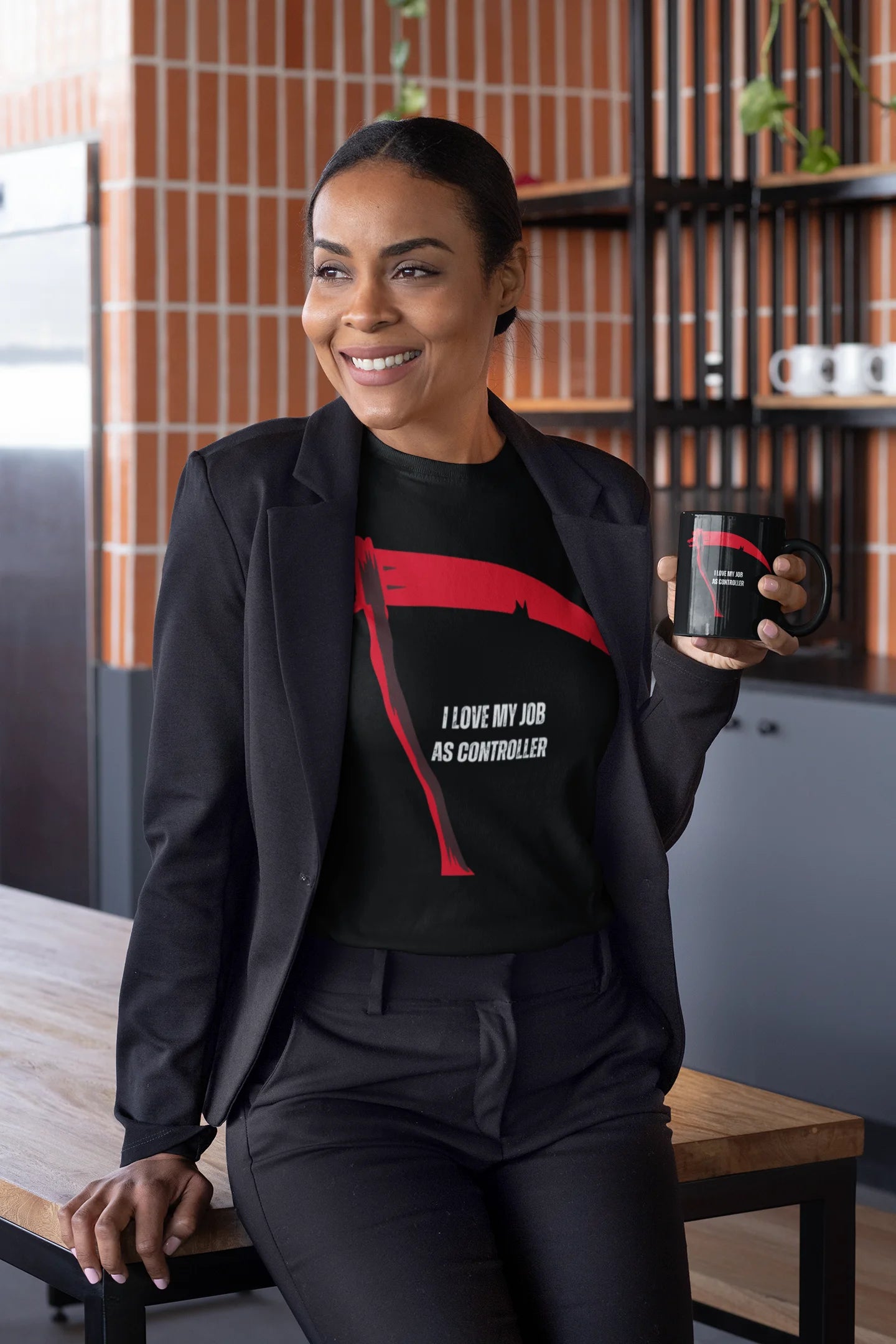 Woman holding a mug in a kitchen setting