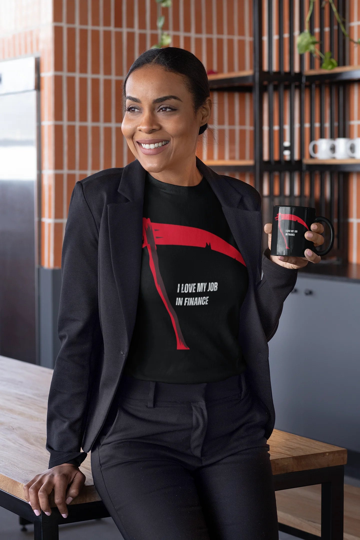 Woman holding a mug in a kitchen setting