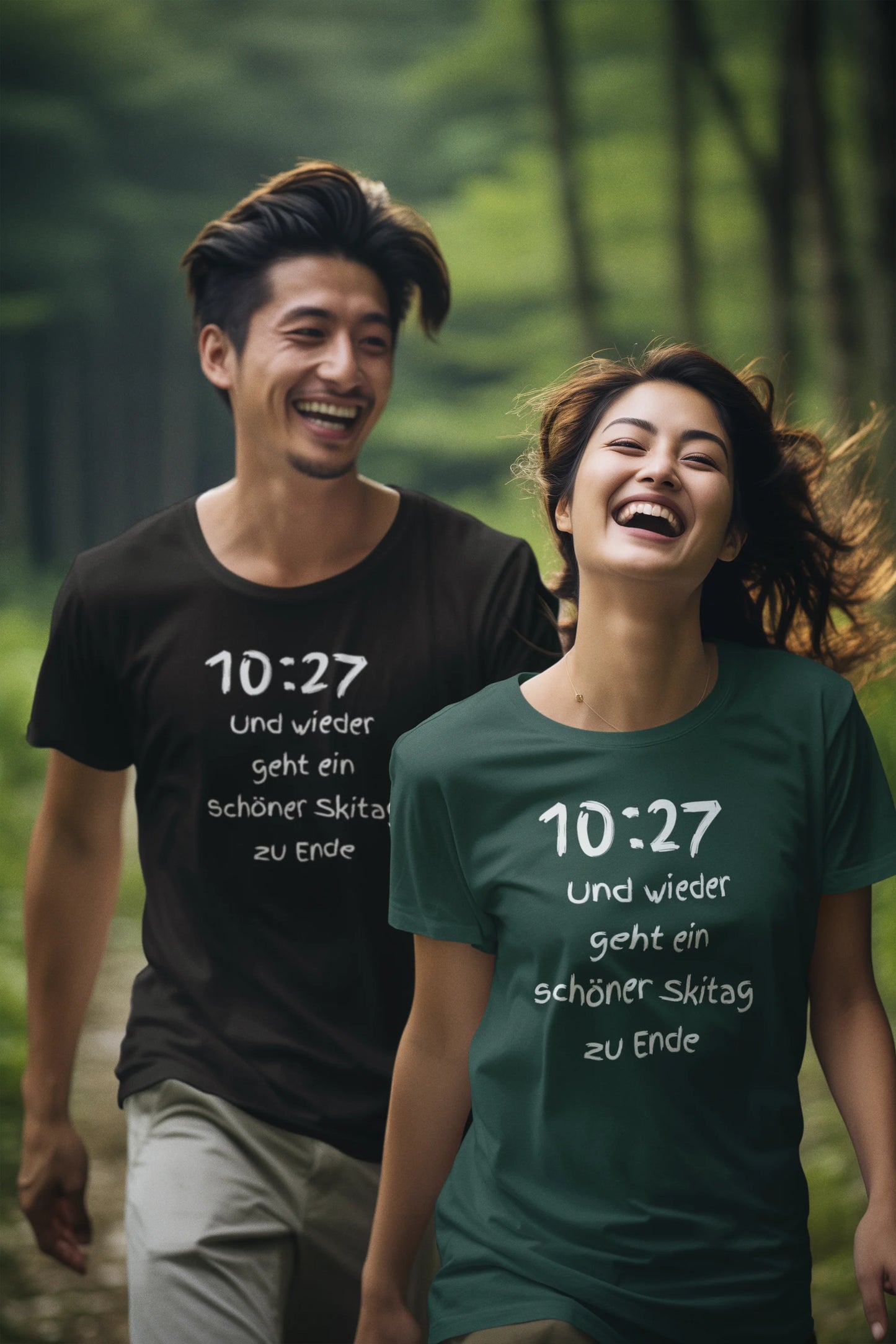 Two people walking in a forest wearing t-shirts with text.