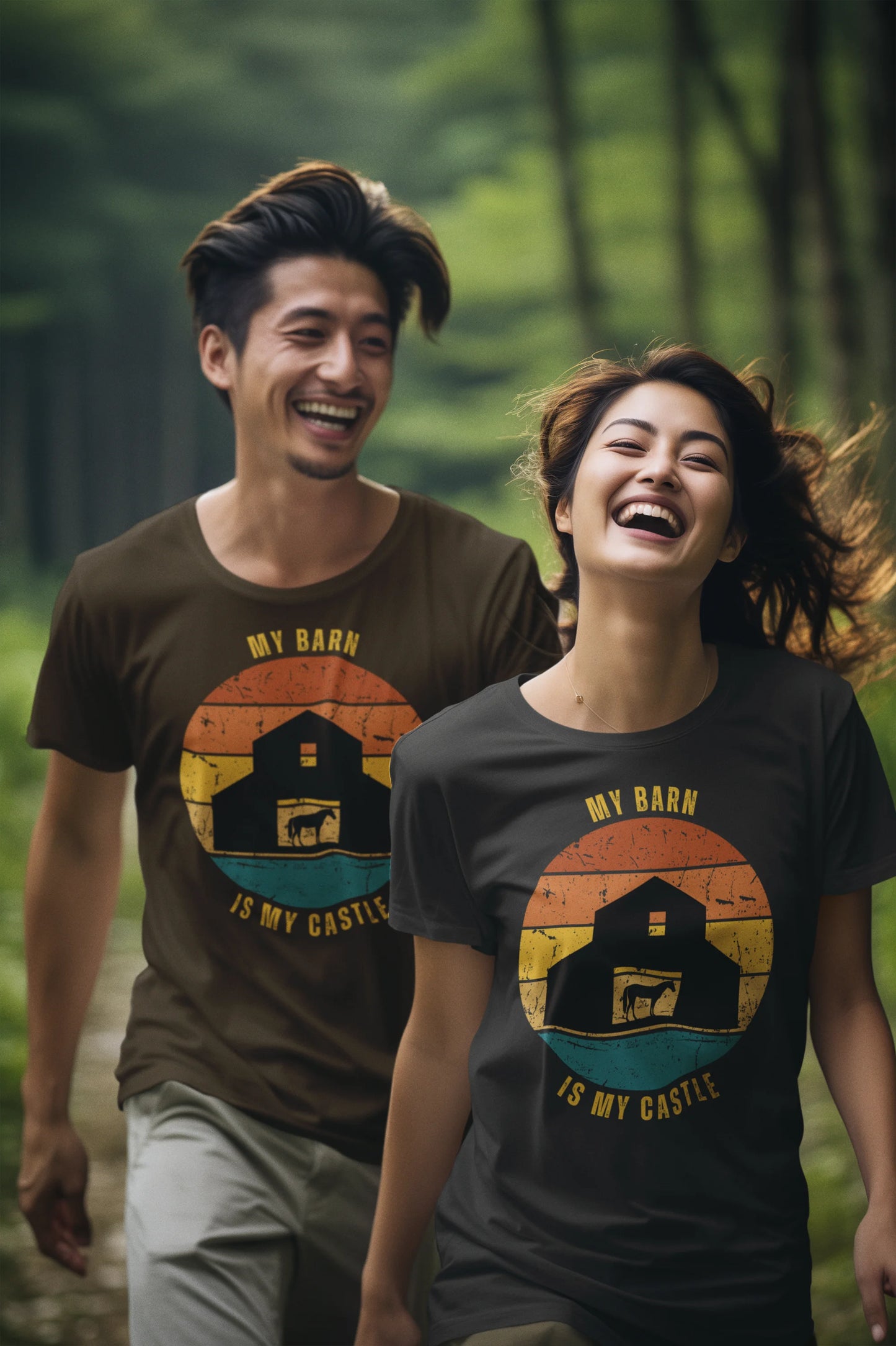 Equestrian Funny Tee Two people wearing t-shirts with a barn design in a forest setting