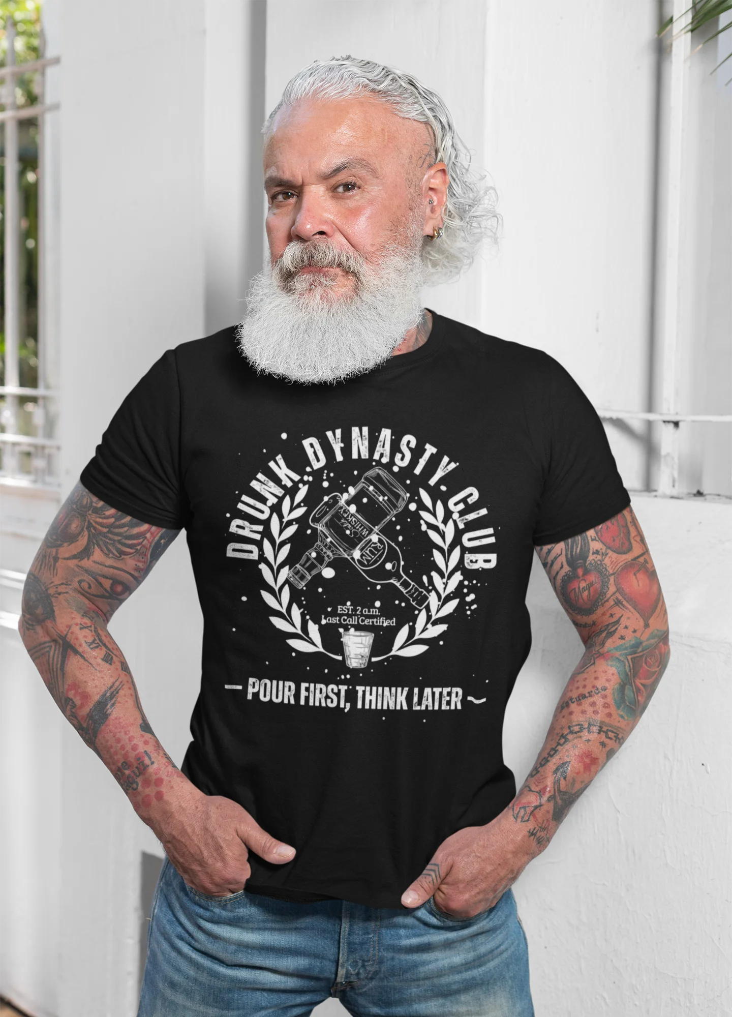 Funny shirts for men Man wearing a black t-shirt with graphic design and text, standing against a white background.