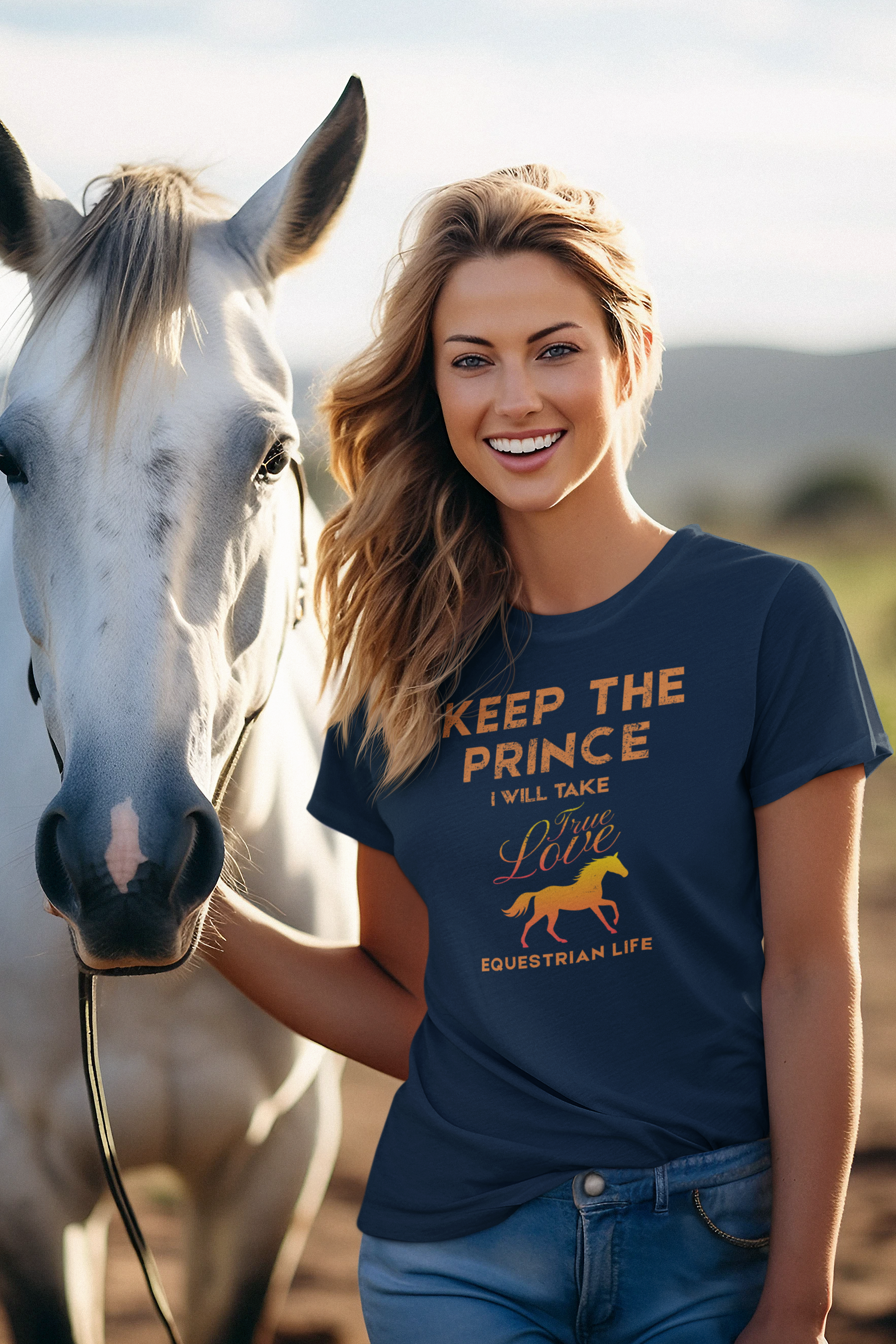 Woman wearing a blue t-shirt with equestrian-themed text standing next to a horse.