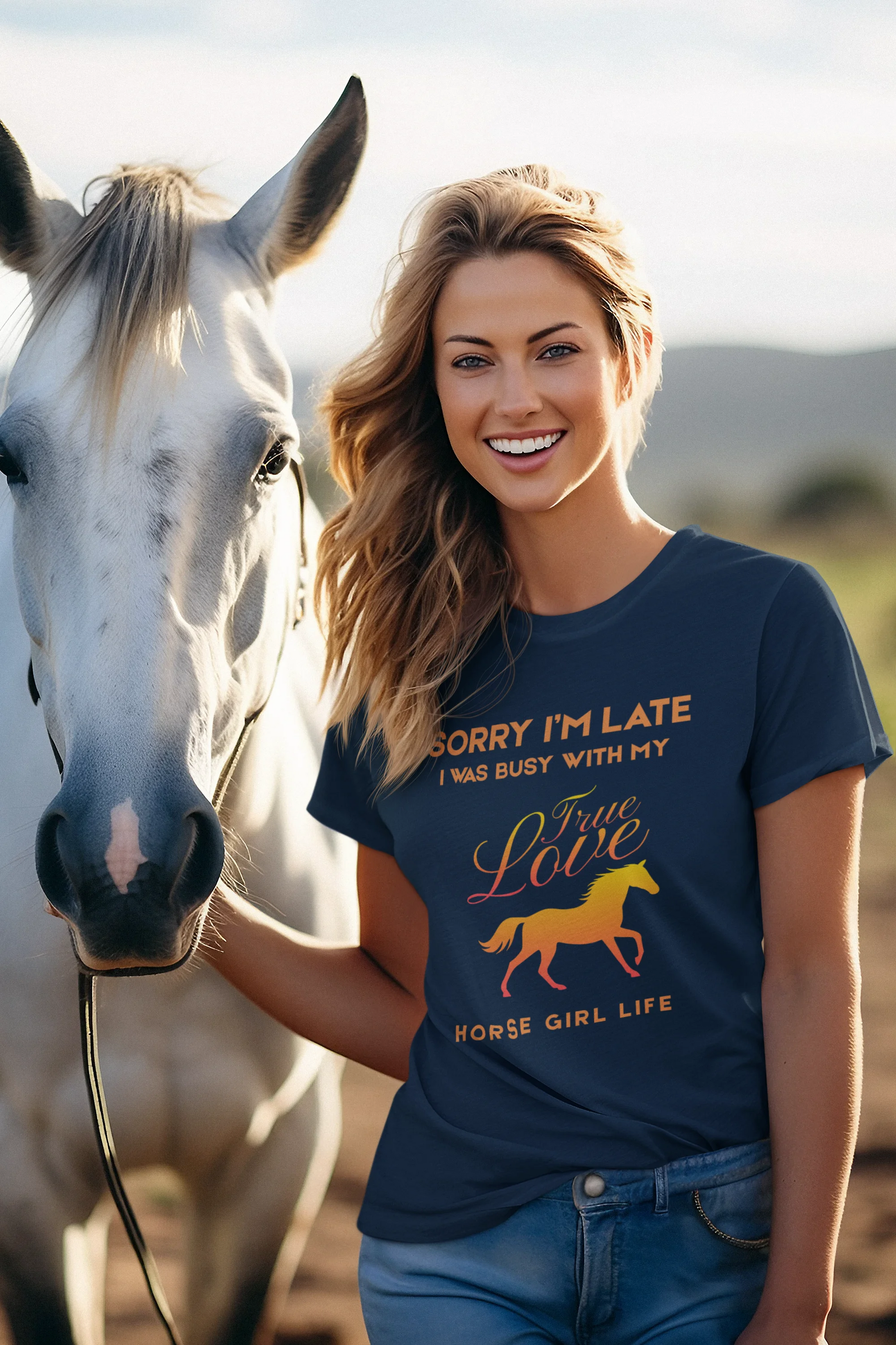 Woman wearing a 'Horse Girl Life' t-shirt standing next to a horse.