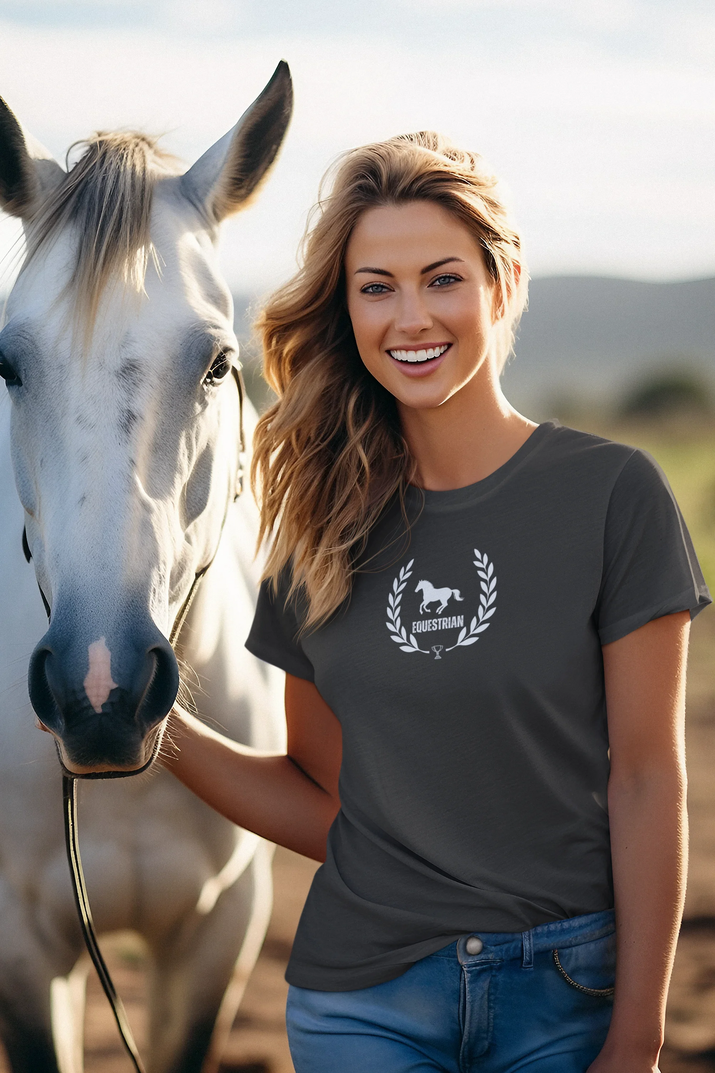Woman wearing a dark gray t-shirt with a horse logo, standing next to a white horse.