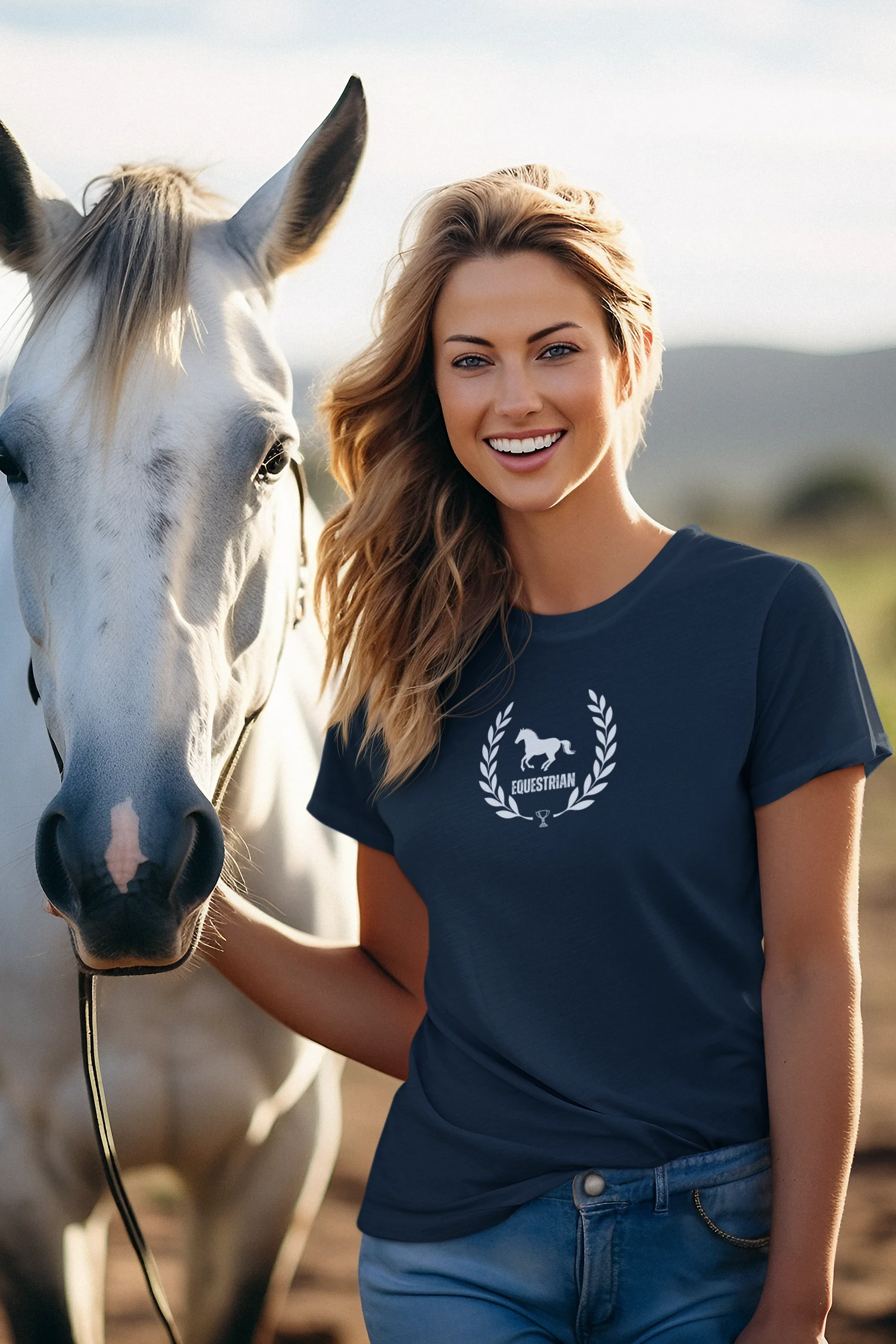 Woman wearing a navy blue t-shirt with a horse logo, standing next to a white horse.