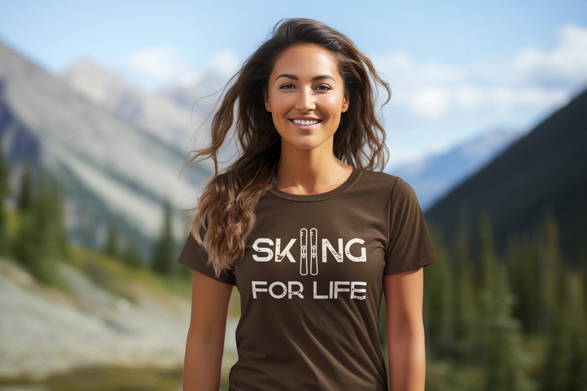 Woman wearing a 'Skiing for Life' t-shirt with a mountainous background