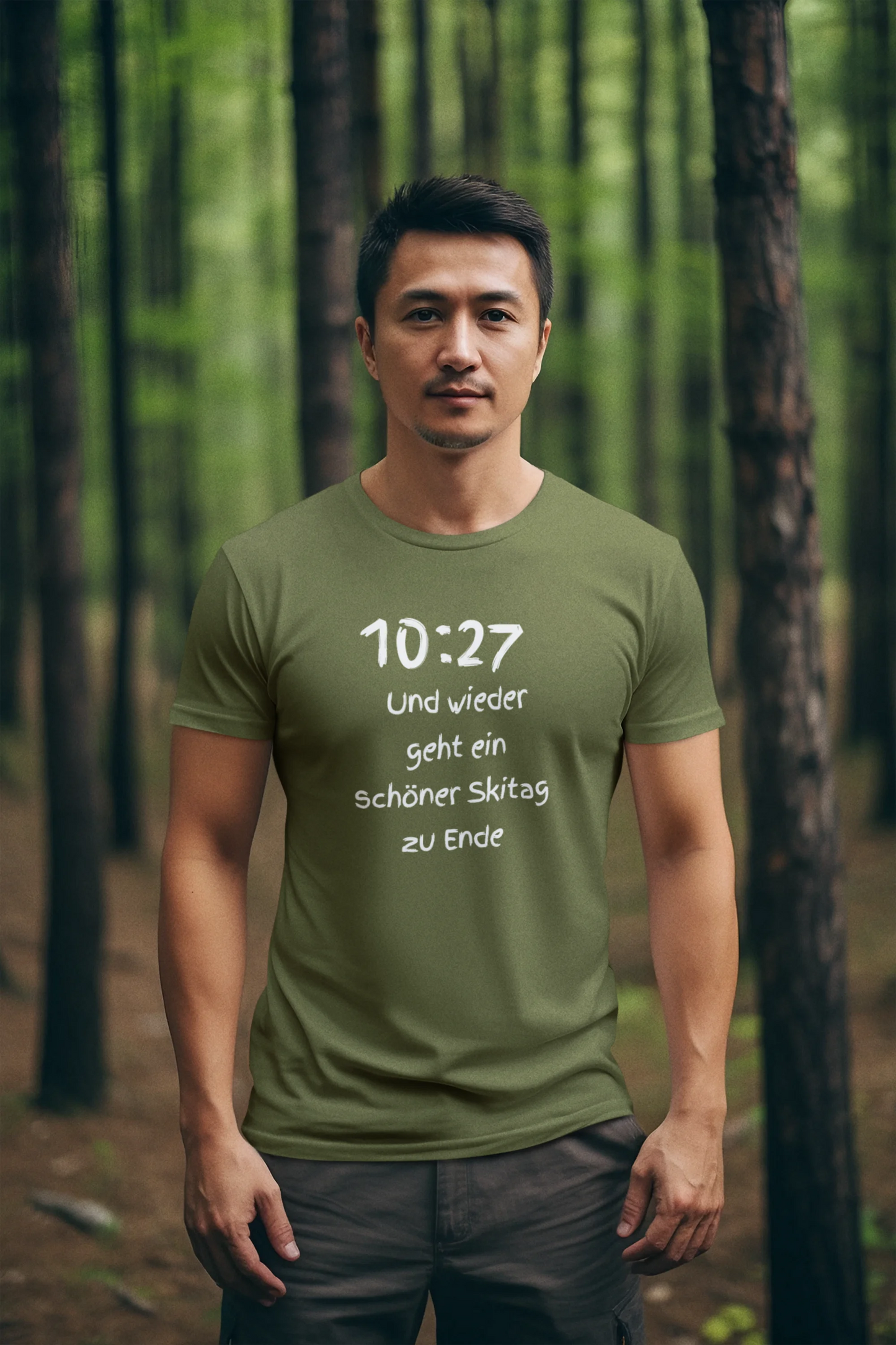 Man wearing a green t-shirt with text in a forest