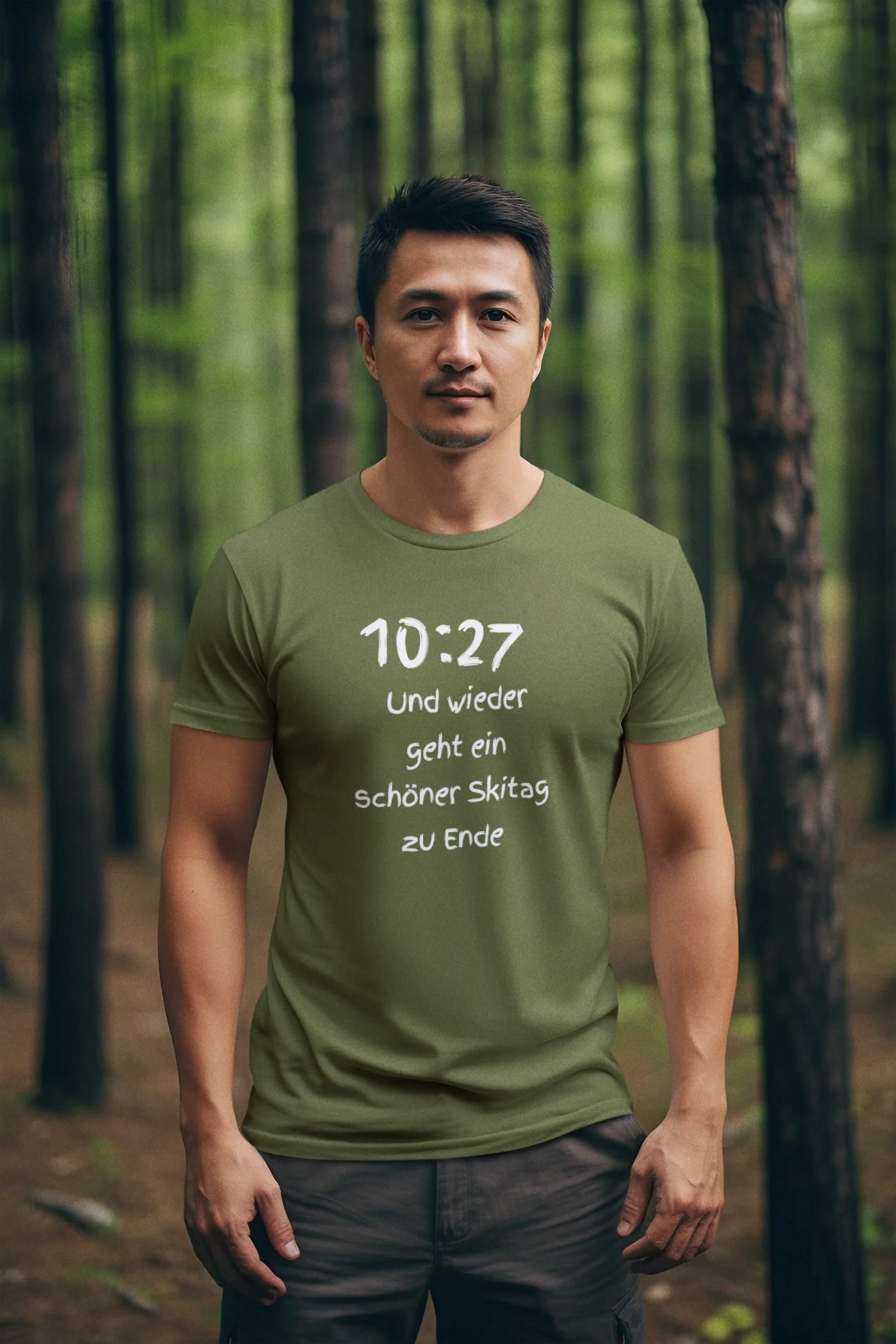Man wearing a green t-shirt with text in a forest