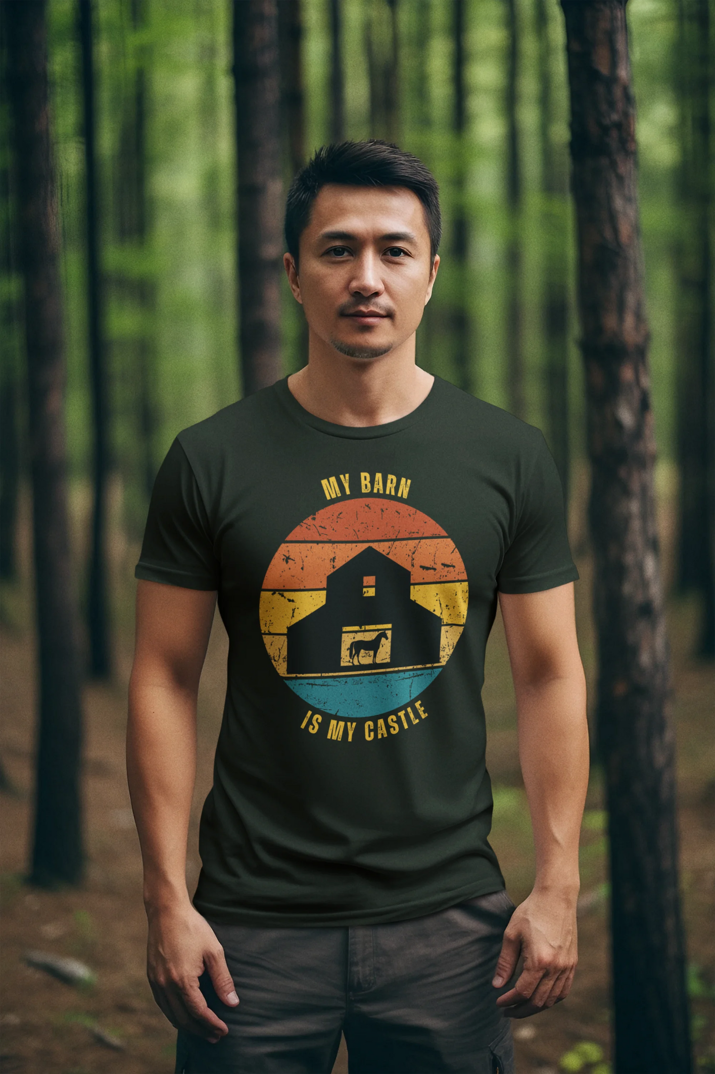 Equestrian Funny Tee Man wearing a t-shirt with a graphic design in a forest