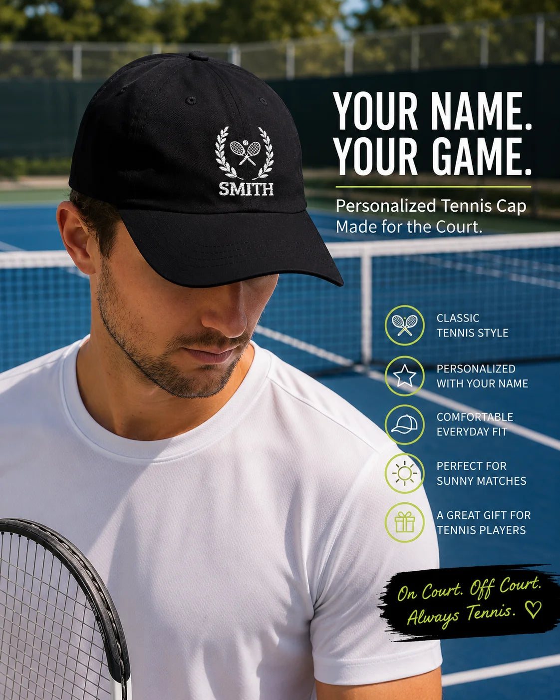 Tennis Cap A man wearing a black personalized tennis cap with 'SMITH' and crossed tennis rackets embroidered on the front, standing on a tennis court. The image includes promotional text highlighting customization features.