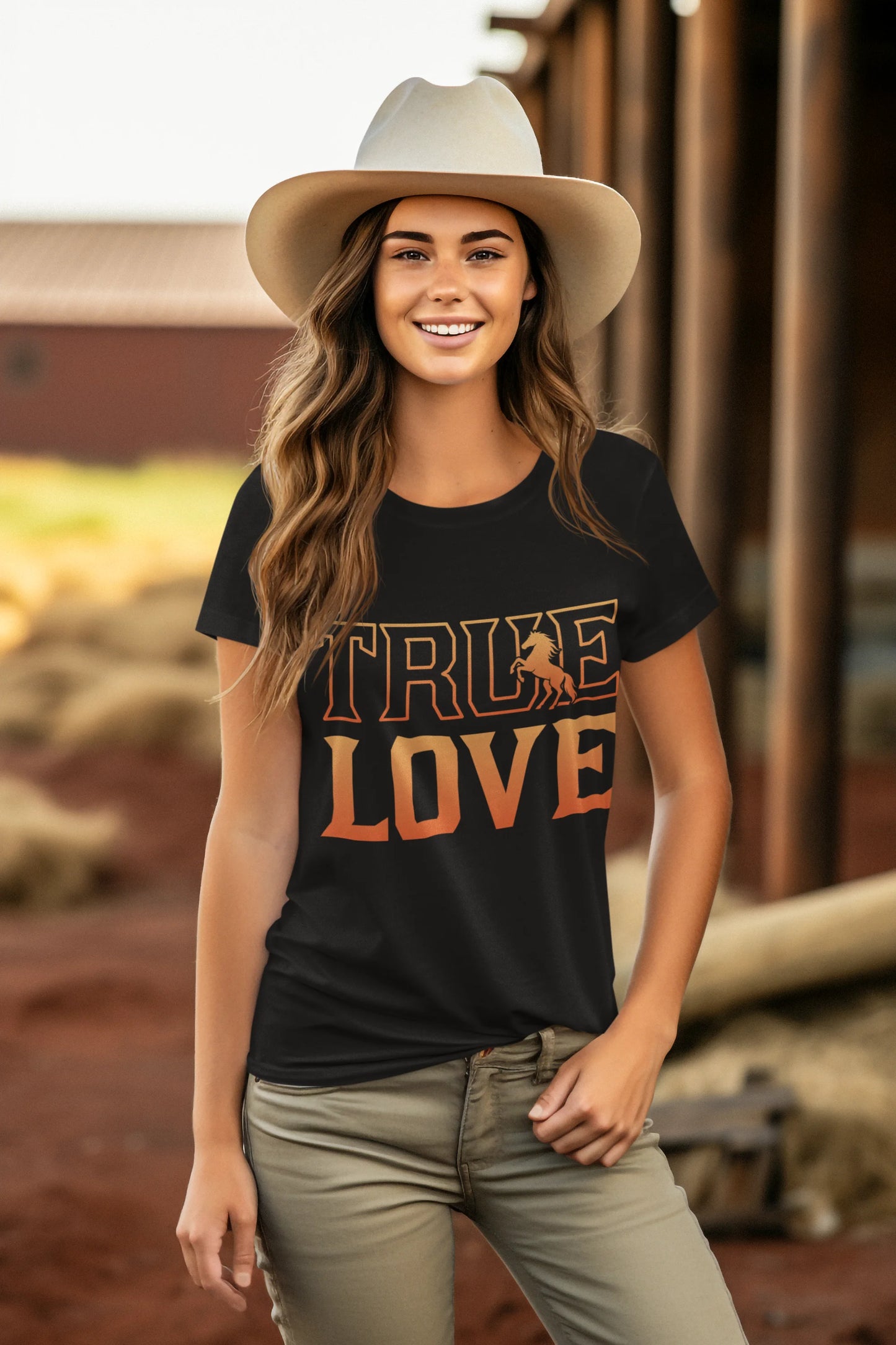 Woman wearing a black t-shirt with 'TRUE LOVE' printed on it, standing outdoors.