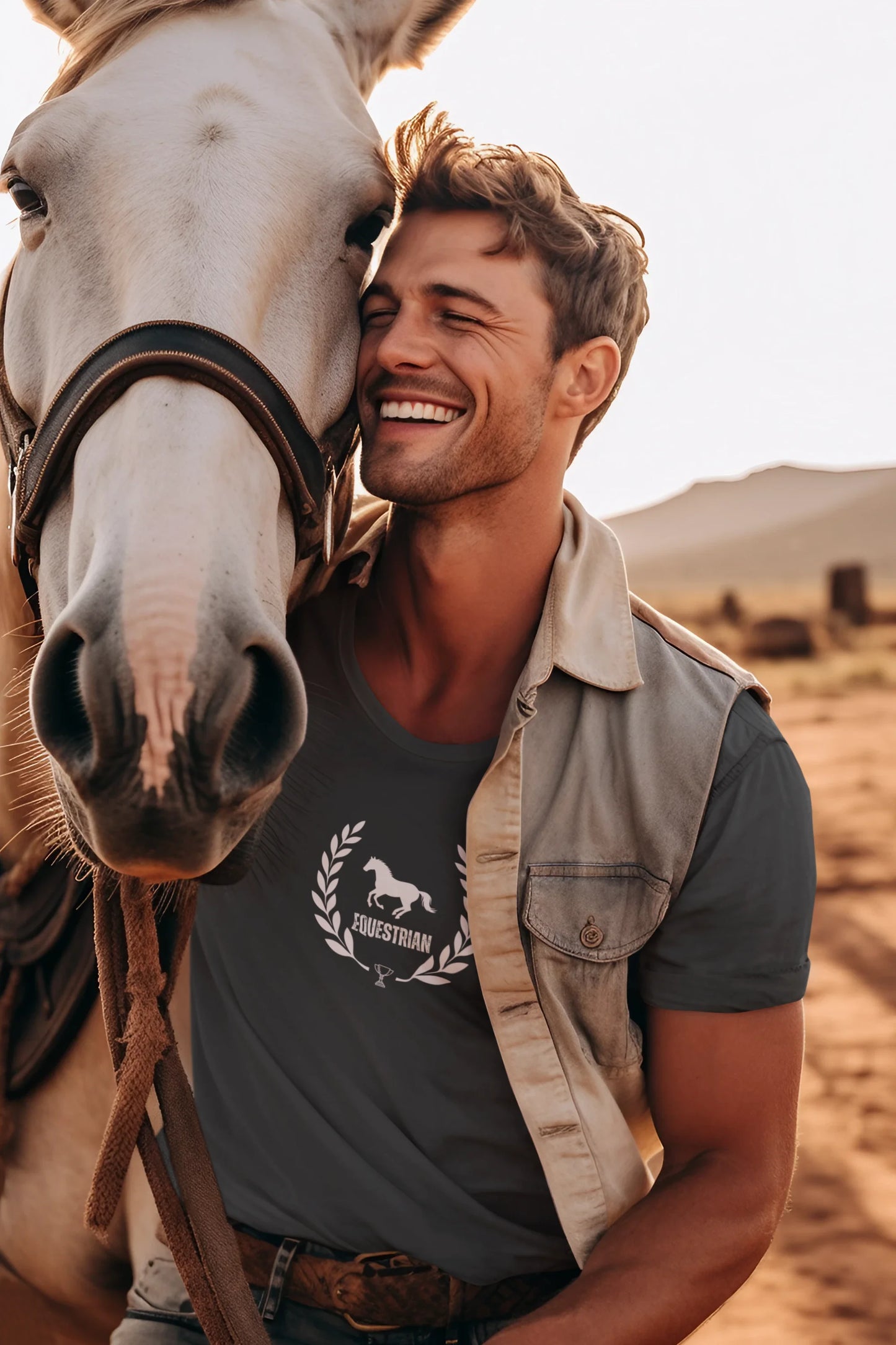 Man hugging a horse in a desert setting