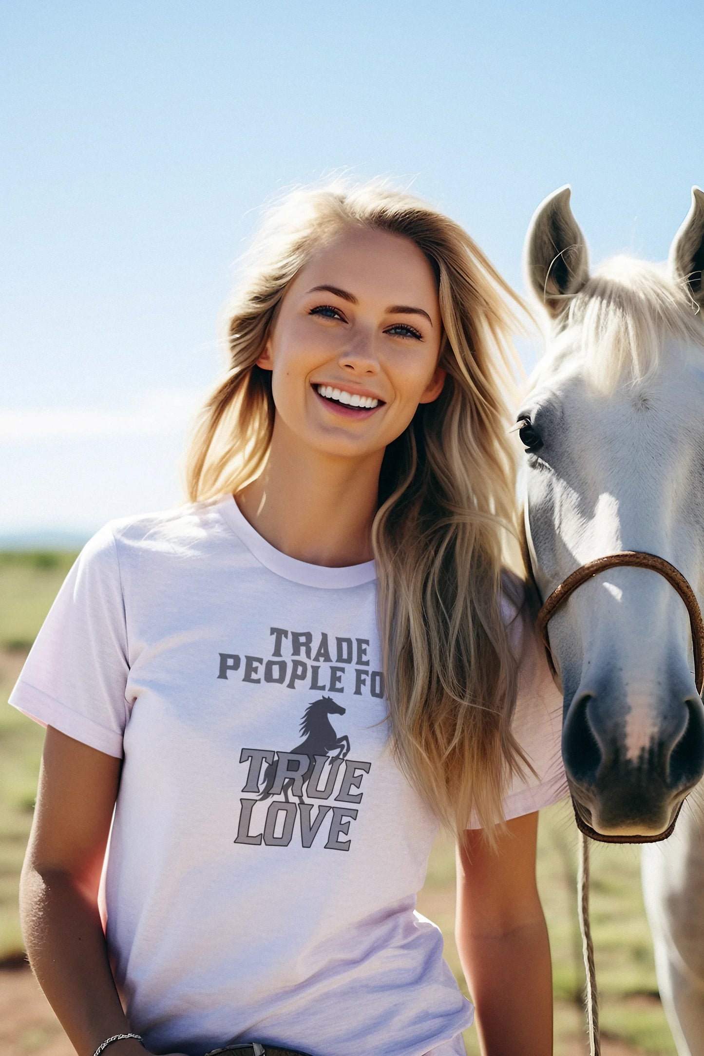Woman wearing a t-shirt with a horse graphic and text, standing next to a white horse in an outdoor setting.