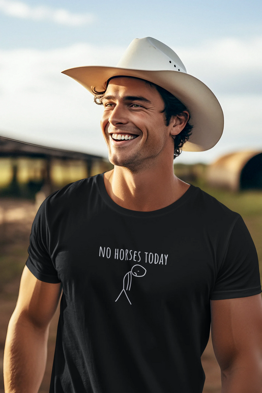 Man wearing a black t-shirt with 'No Horses Today' text and a cowboy hat outdoors.