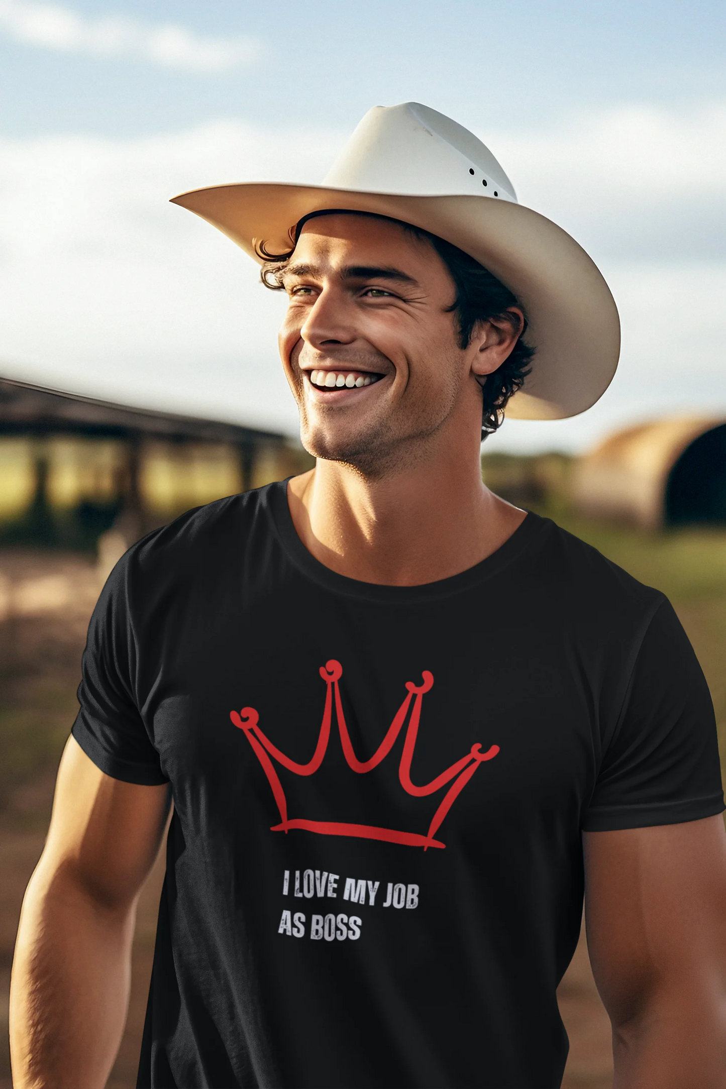 Gift for Boss Funny Man wearing a black t-shirt with a red crown design and text, standing outdoors.