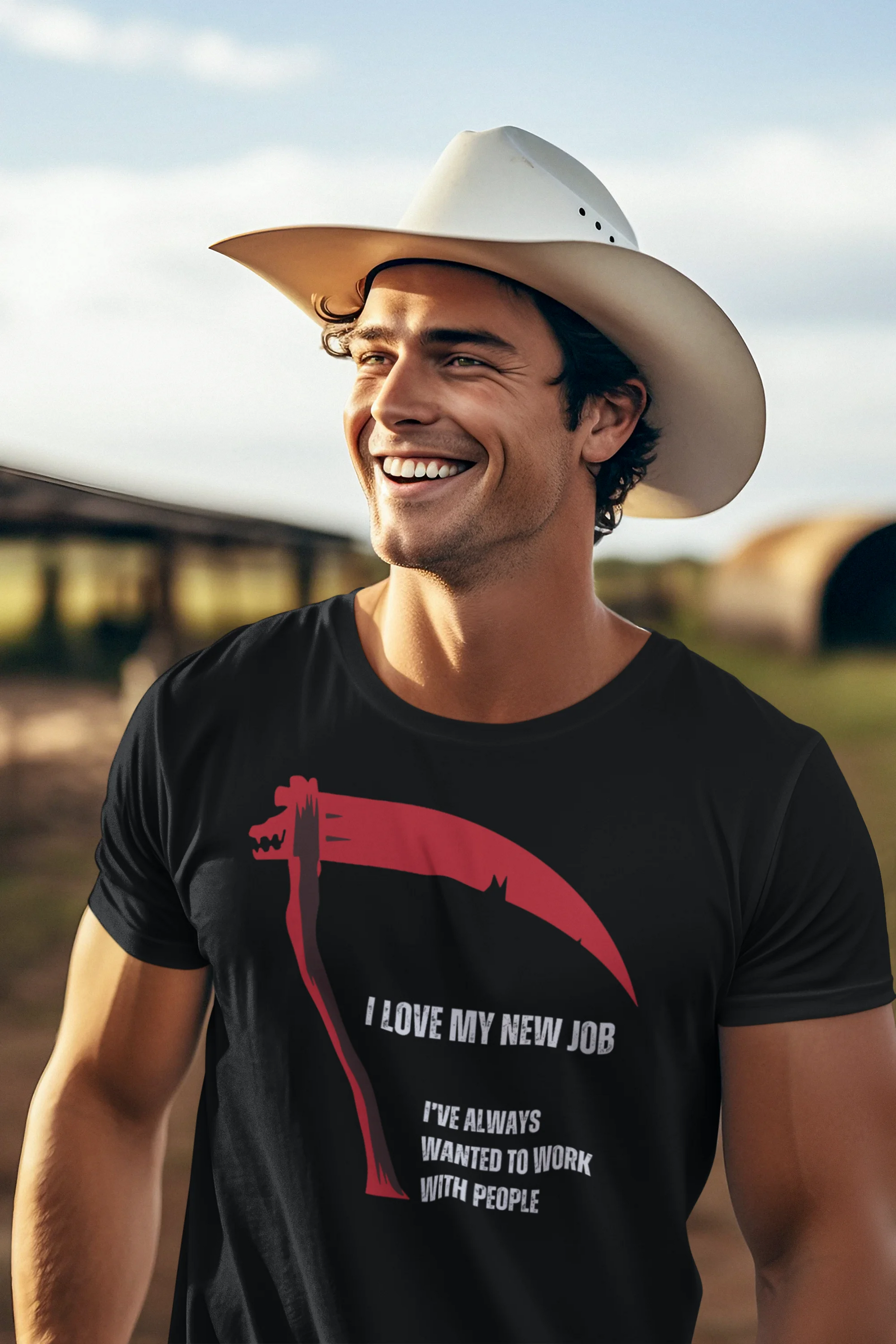 Man wearing a black t-shirt with a graphic and text, standing outdoors.
