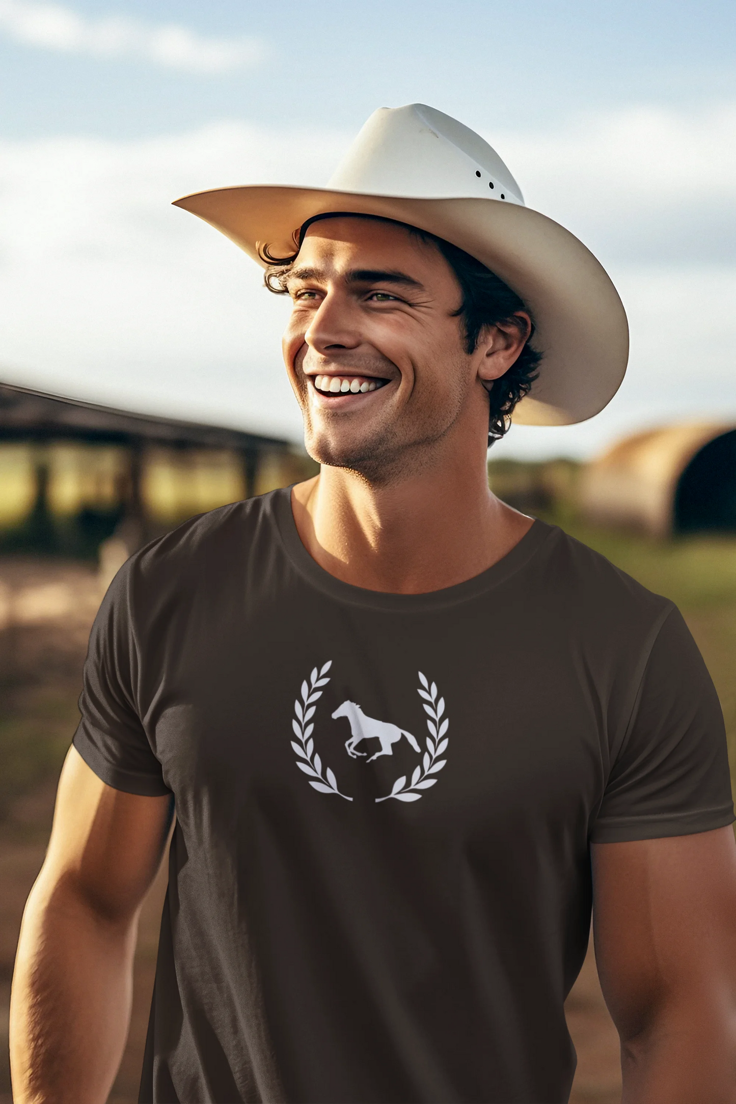 Man wearing a brown t-shirt with a logo and a white cowboy hat, standing outdoors.