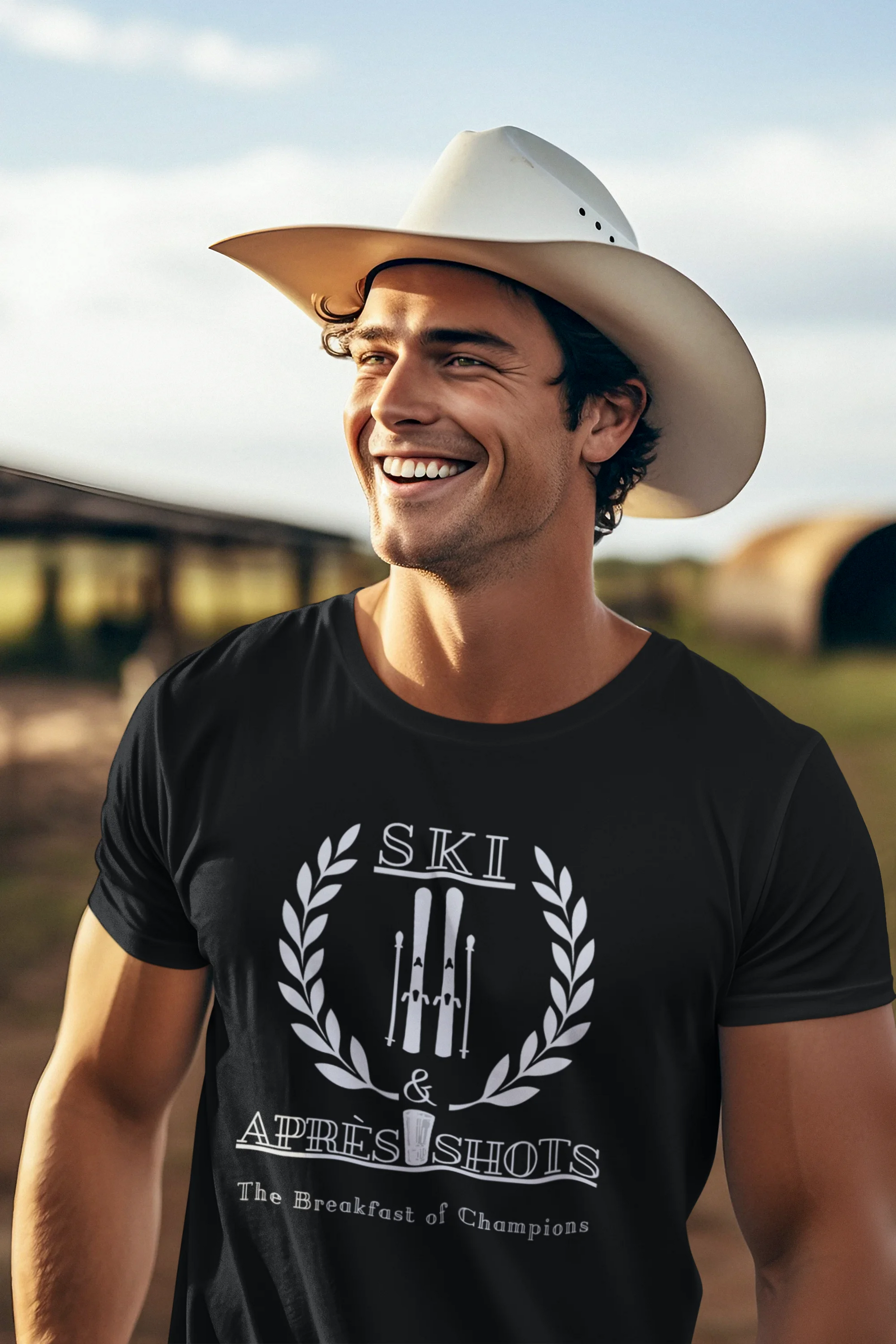 Man wearing a black t-shirt with a logo and text, smiling outdoors.