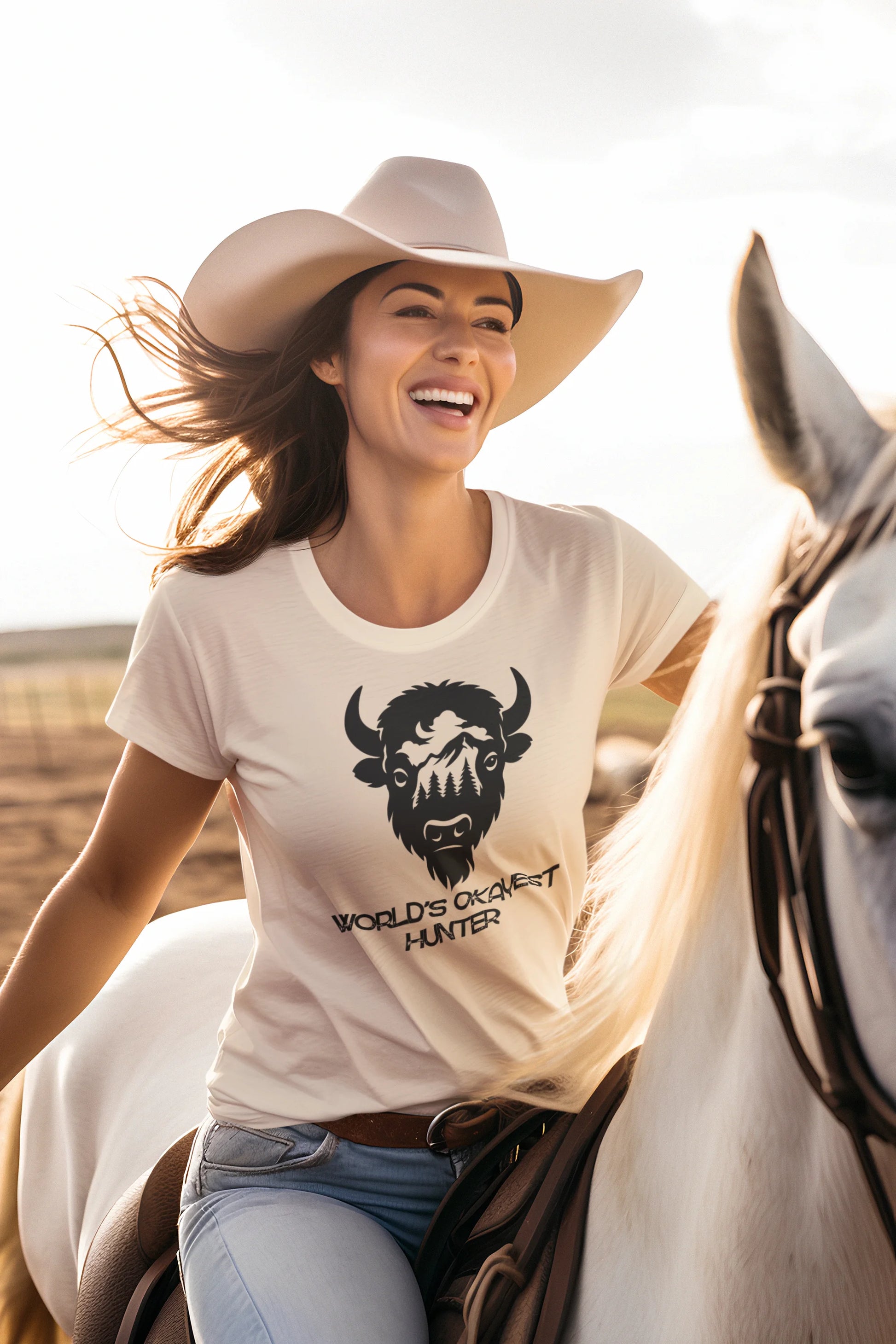 Woman riding a horse wearing a t-shirt with a bison graphic and text.