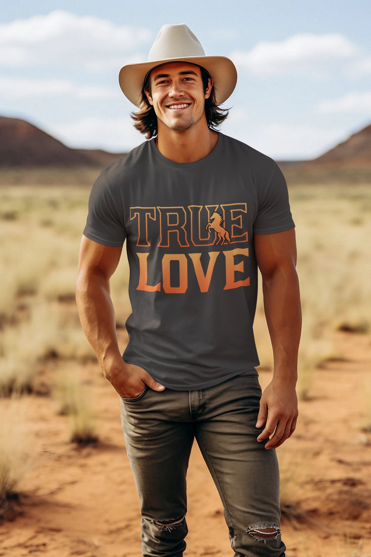 Man wearing a 'True Love' t-shirt in a desert setting