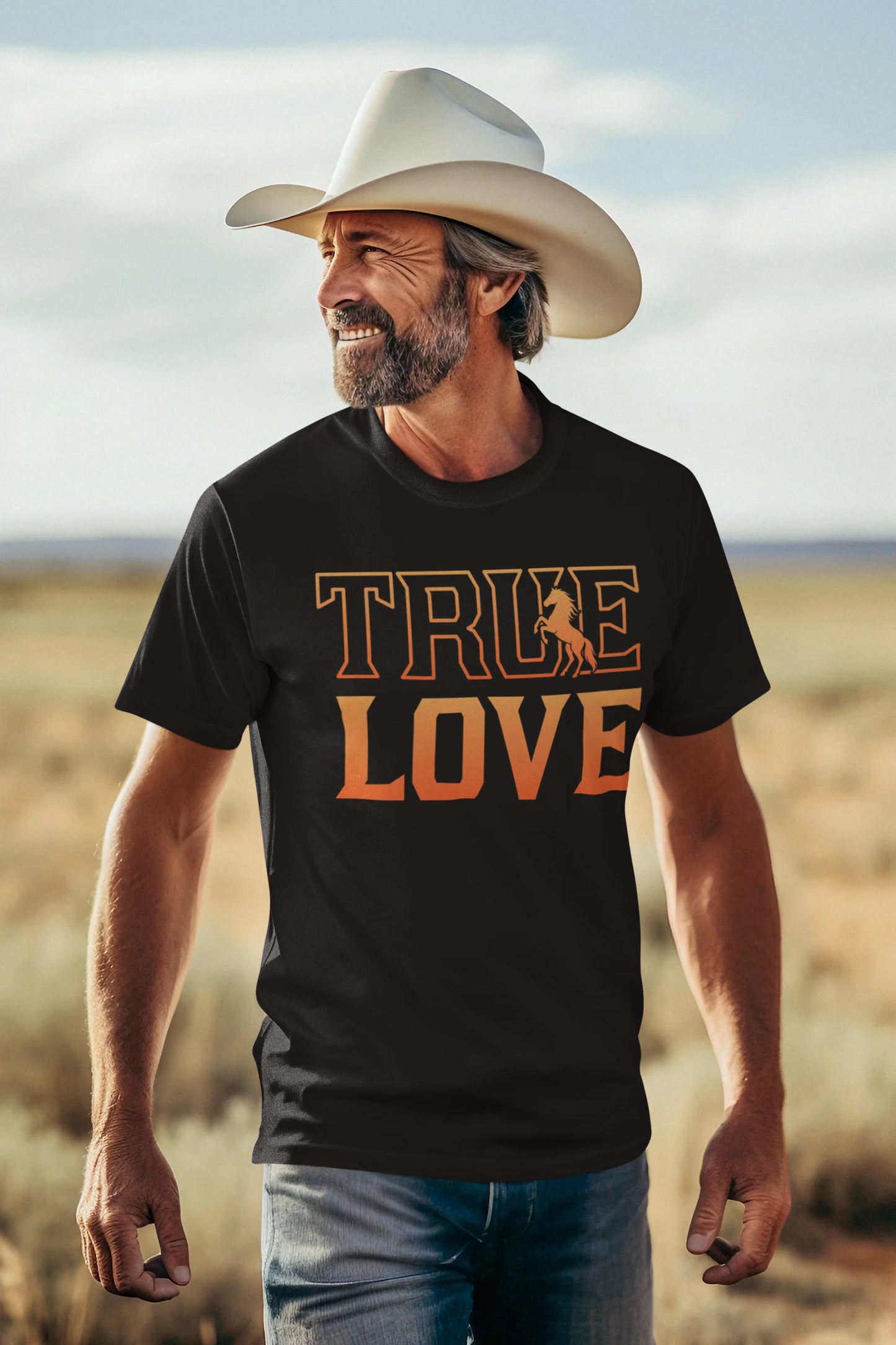 Man wearing a black t-shirt with 'TRUE LOVE' printed in orange, standing in a desert landscape.