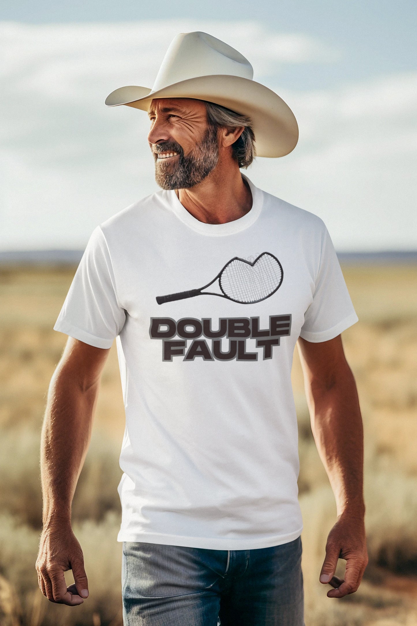 Double Fault Tee Man wearing a white t-shirt with 'Double Fault' graphic and a cowboy hat in a desert setting