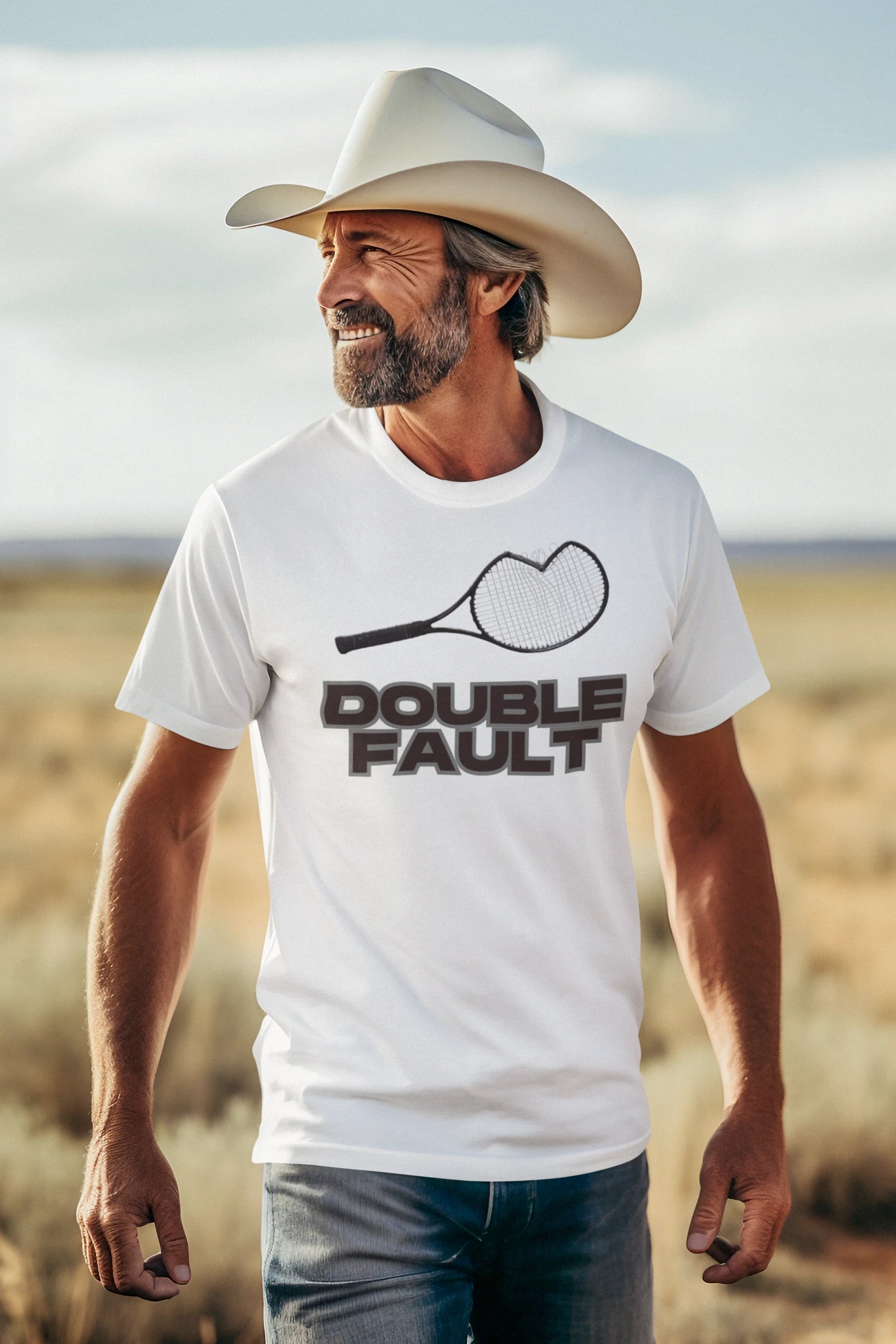 Double Fault Tee Man wearing a white t-shirt with 'Double Fault' graphic and a cowboy hat in a desert setting