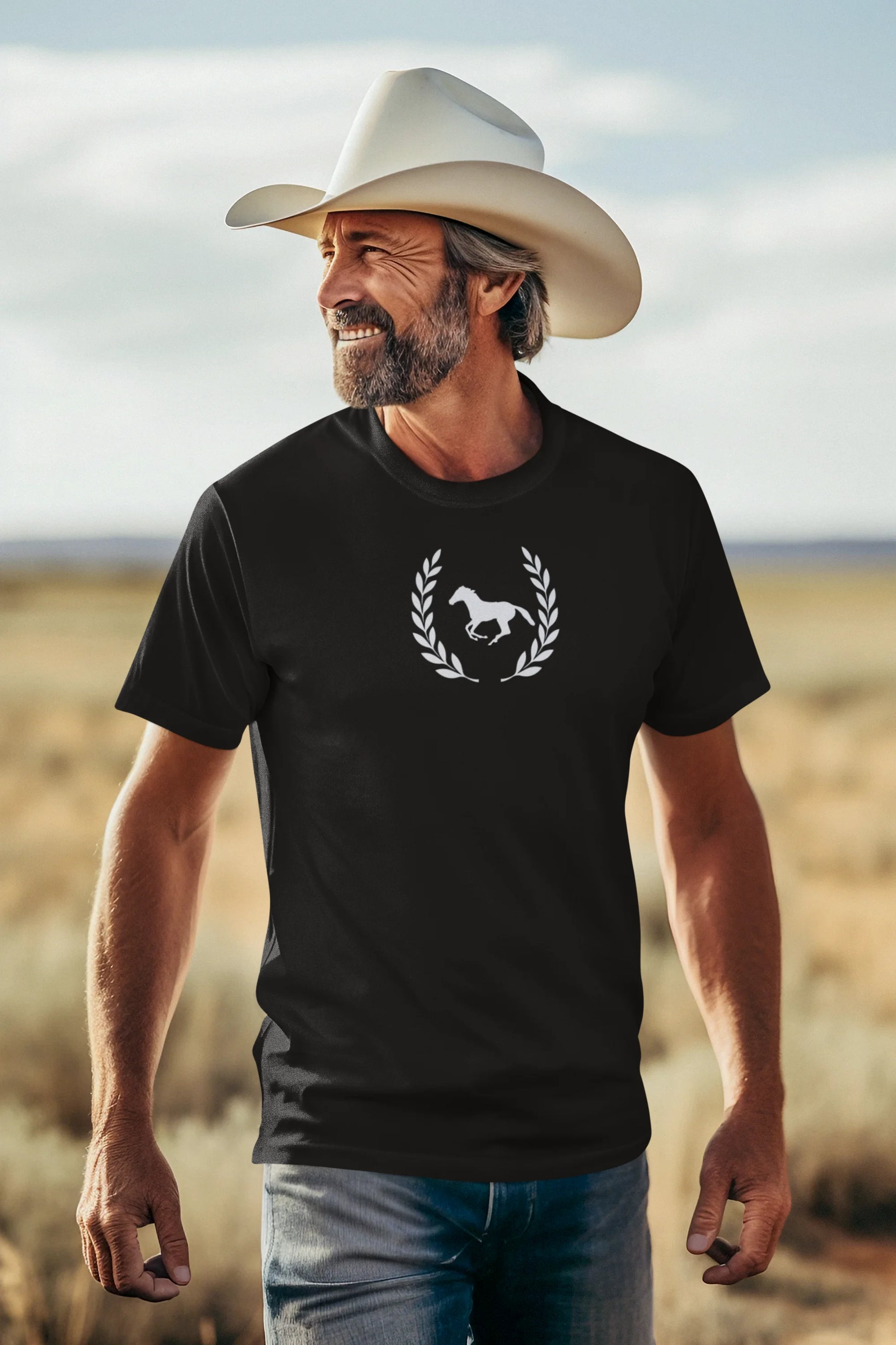 Man wearing a black t-shirt with a horse logo in a desert setting