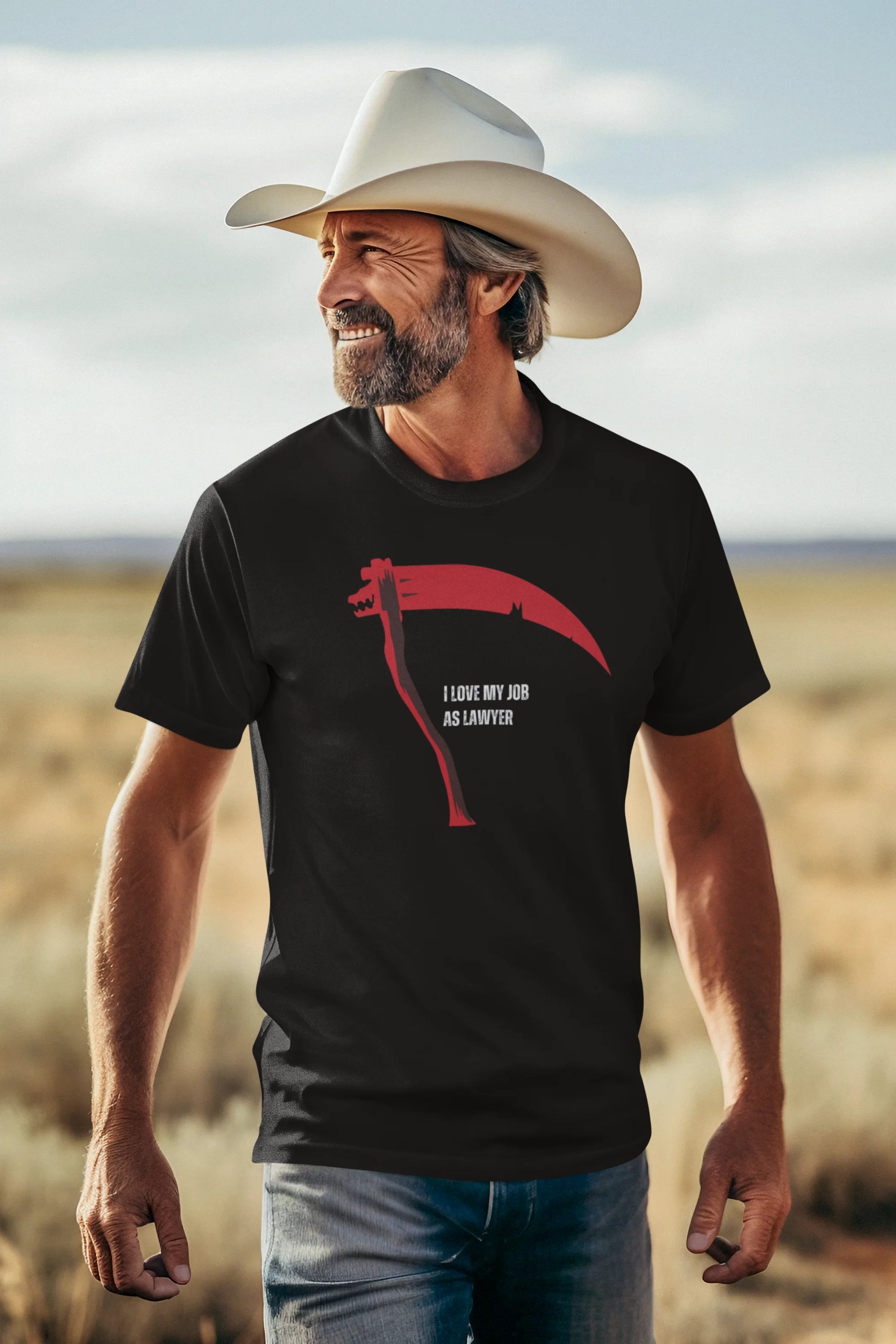Man wearing a black t-shirt with a red graphic and text, standing in a desert landscape.