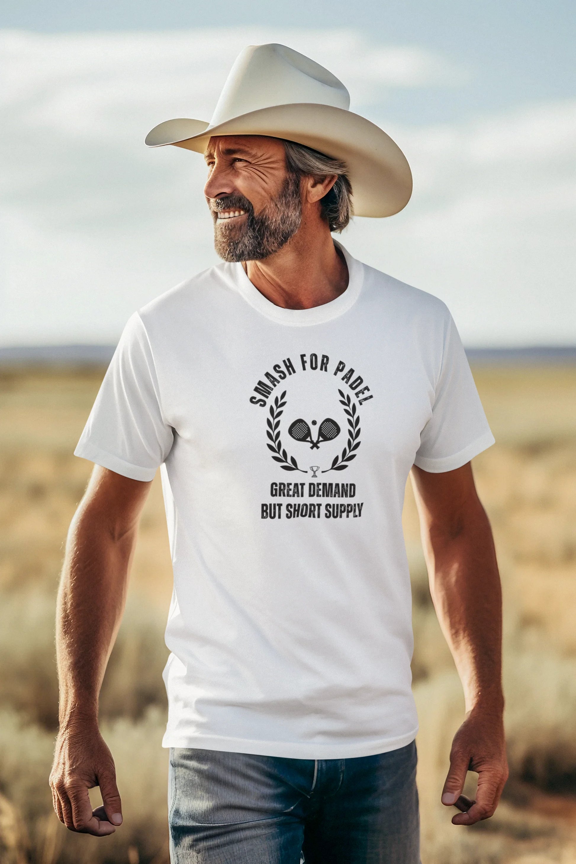 Man wearing a white t-shirt with text and a cowboy hat in a desert setting
