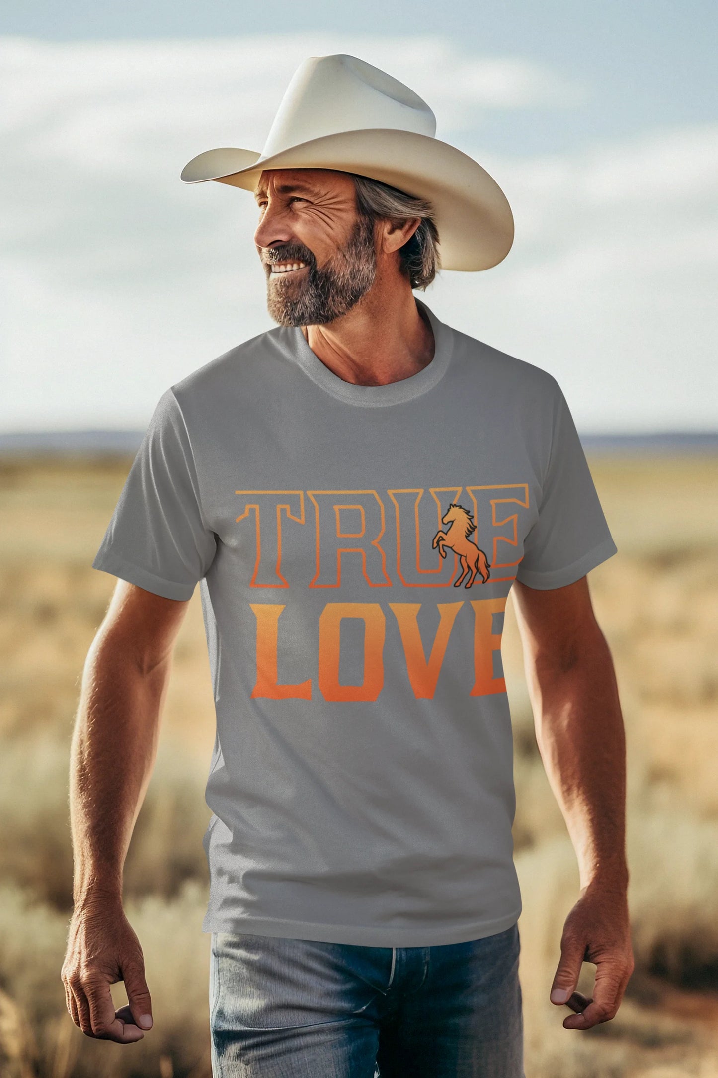 Man wearing a gray t-shirt with 'TRUE LOVE' and a horse graphic, standing in a desert landscape.