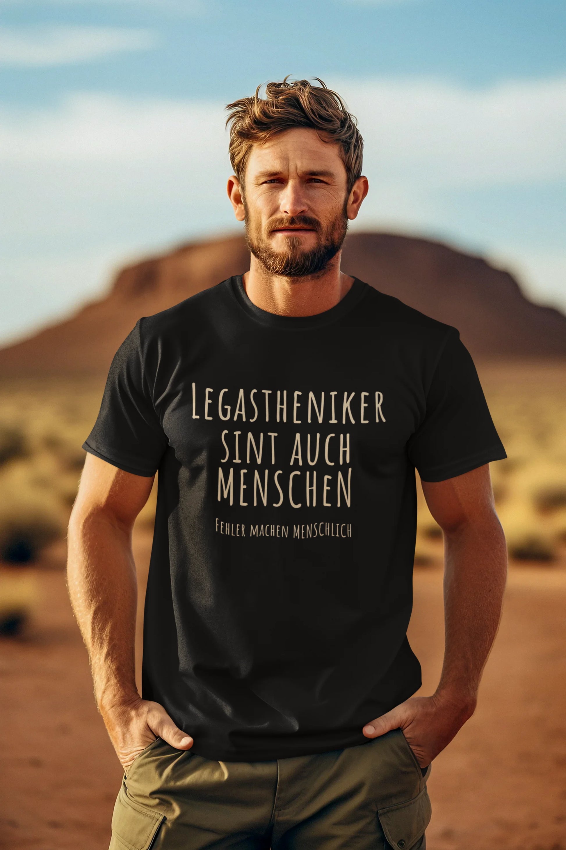 Man wearing a black t-shirt with text in a desert setting