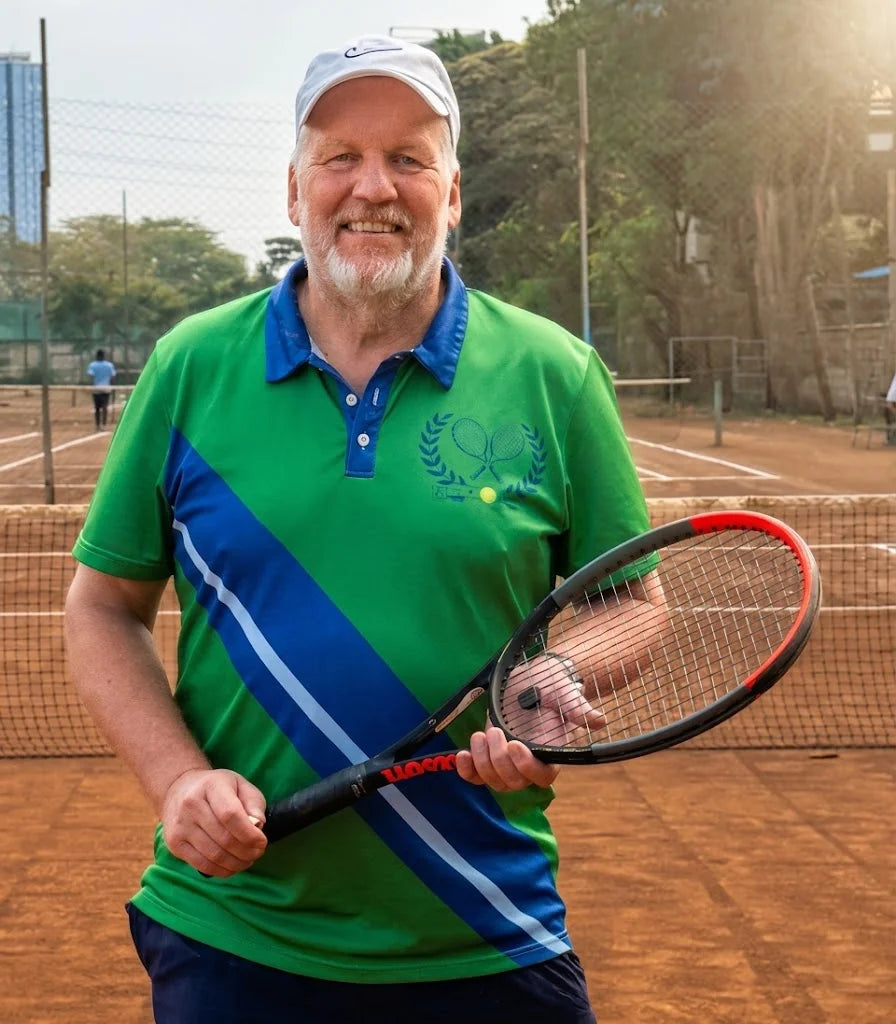 wimbledon green Polo shirt A smiling man on a clay tennis court wearing a green and blue polo shirt, holding a tennis racket. The shirt features a blue collar, a blue diagonal stripe, and a green tennis ball graphic with the words 'Tennis Pro'.
